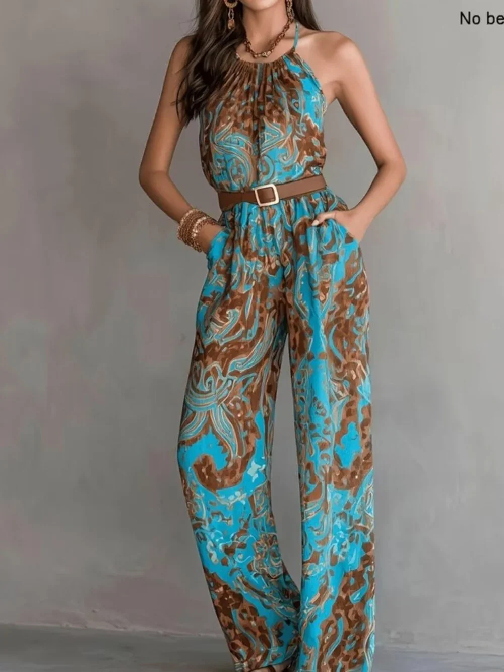 Bohemian Style Backless Printed Wide-Leg Jumpsuit, Waist-Cinching Design